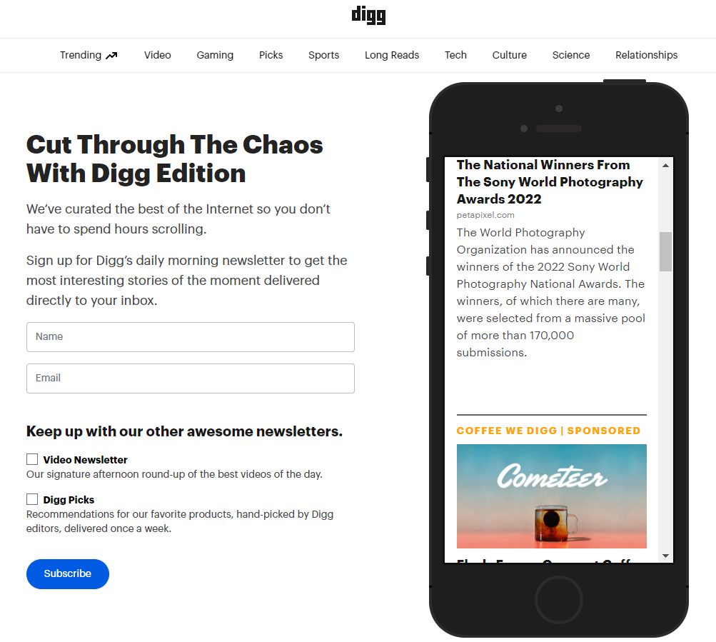 Digg newsletter extended newsletter subscription form