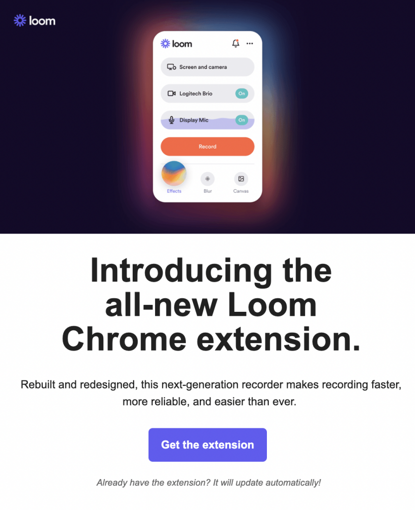 Example of company announcement email newsletter from Loom