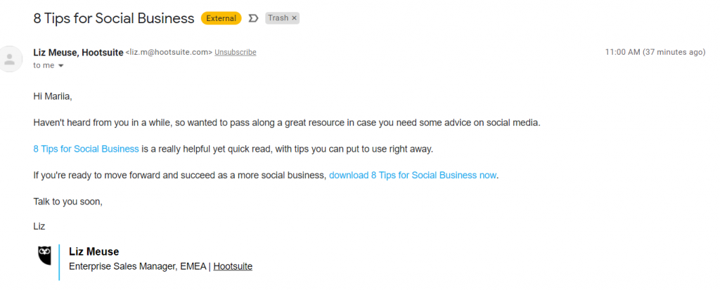 Hootsuite blog content email example