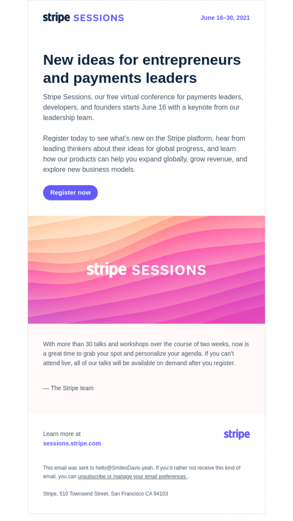 Stripe lead nurturing email example