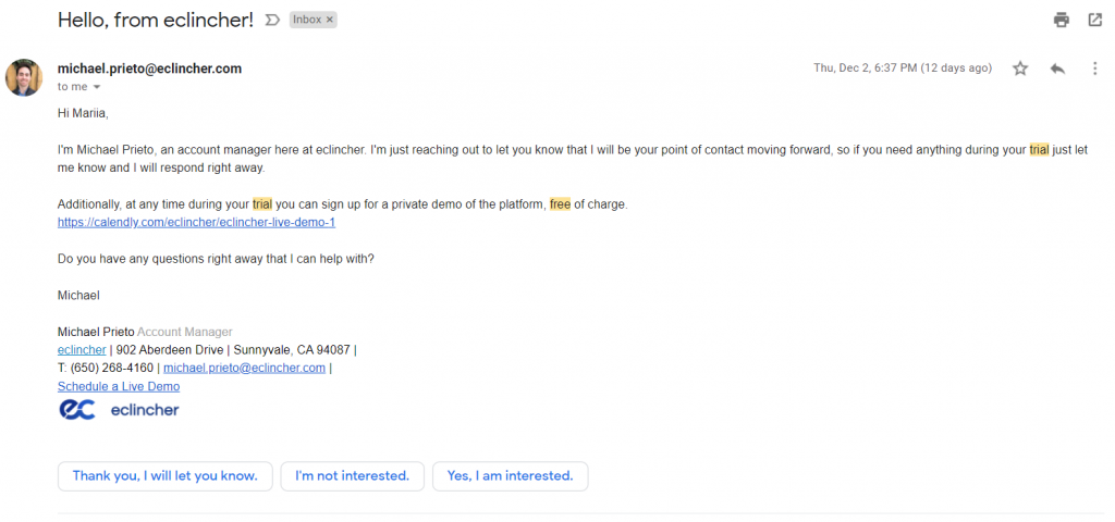 Eclincher free trial email example