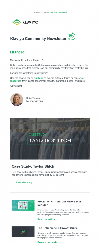 Email newsletter personalization example Klaviyo