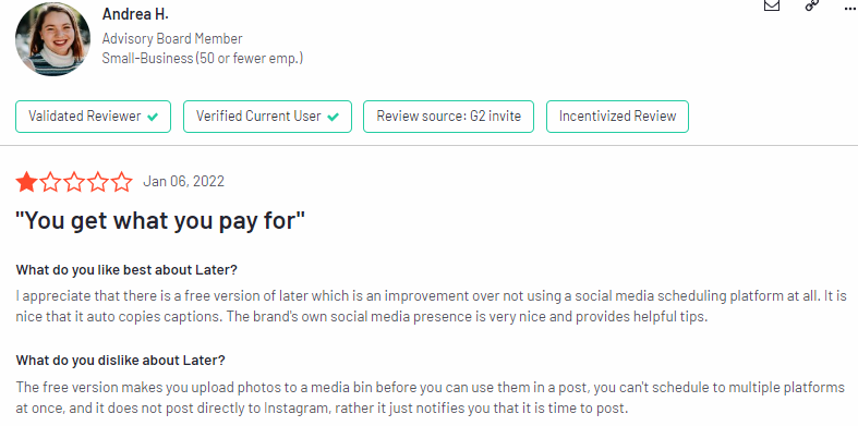 Later free version negative customer review G2