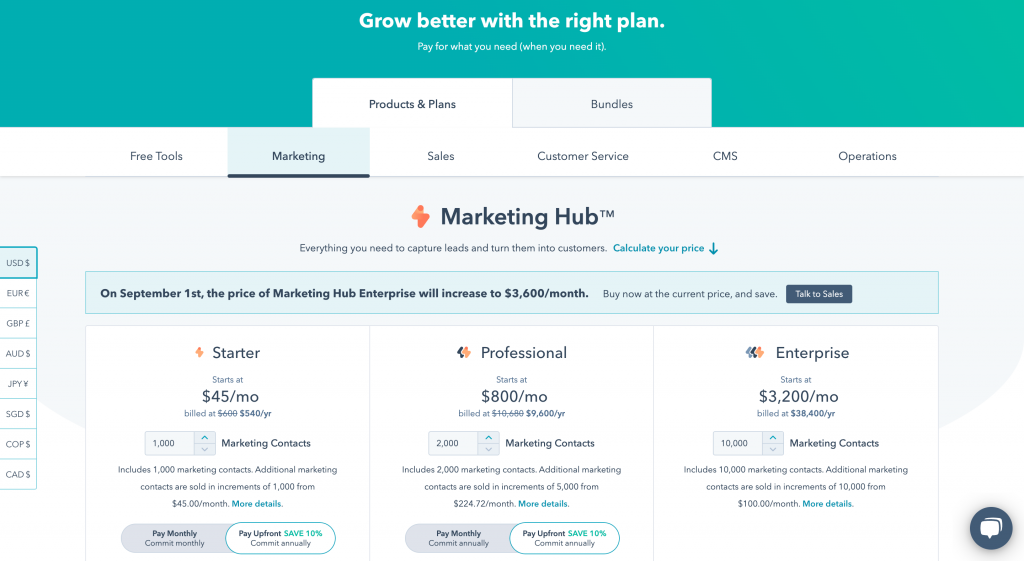 HubSpot pricing screenshot