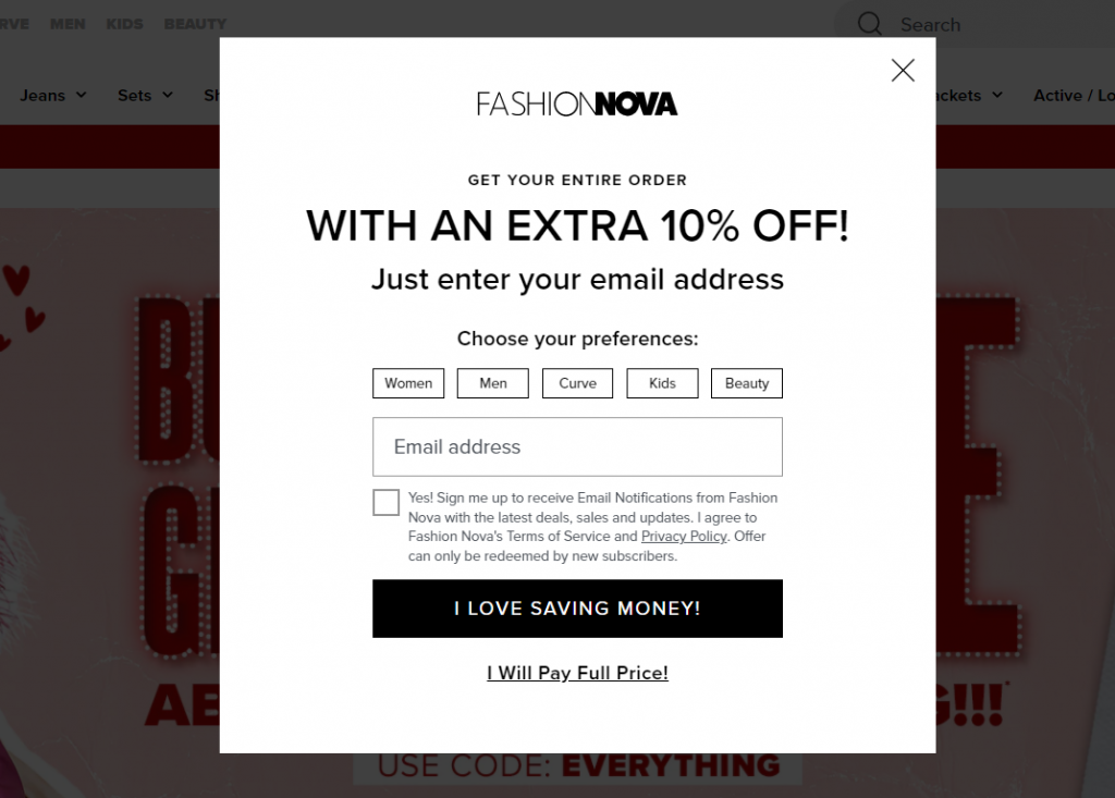 Website pop-ups Fashion Nova example