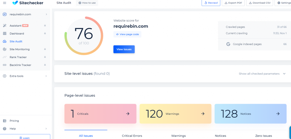 Site Checker dashboard