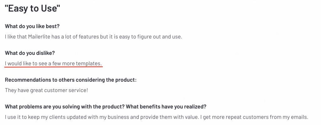 MailerLite limited templates disadvantage G2 review