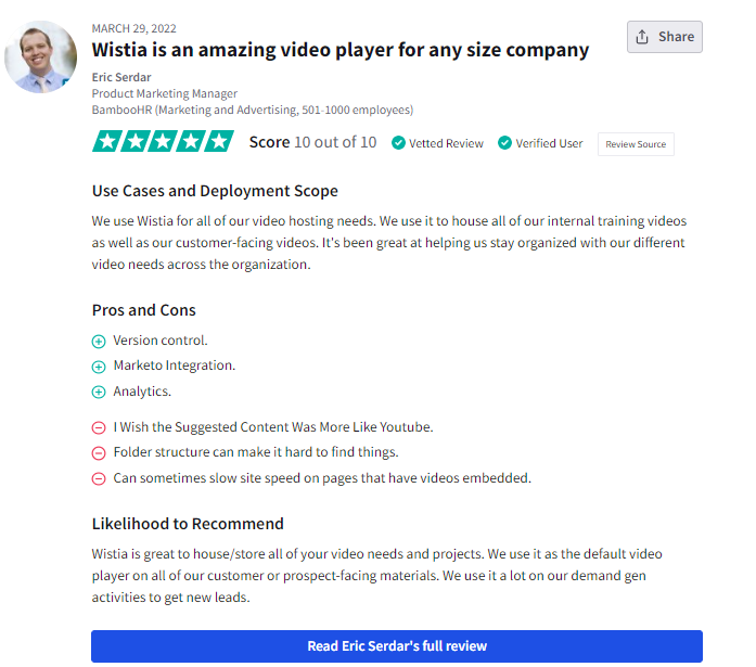 Wistia user interface disadvantage negative review on TrustRadius