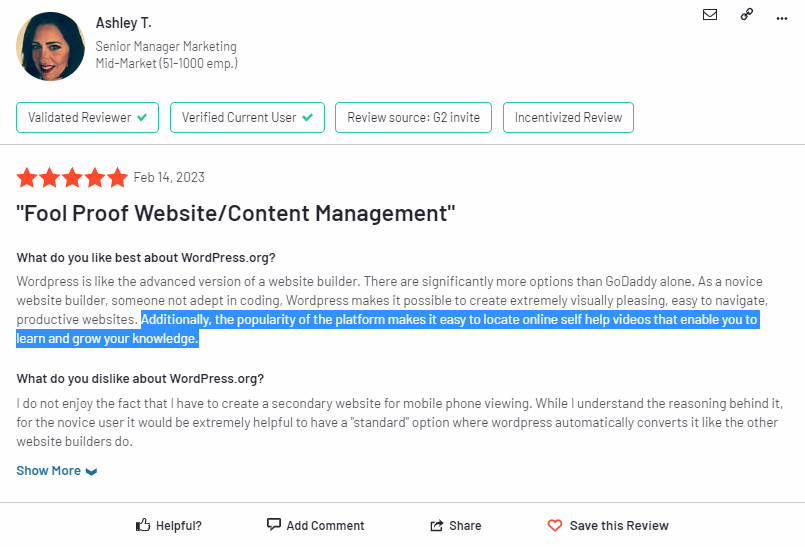 WordPress easy to learn positive customer review G2