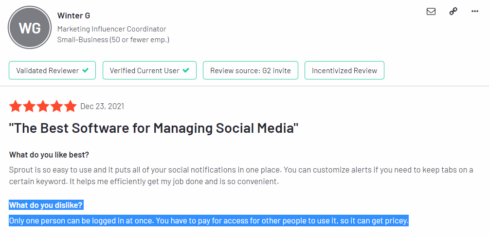 Sprout Social Pricing disadvantage review G2