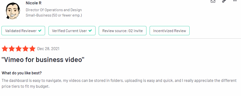 Vimeo flexible pricing plans advantage positive review on G2