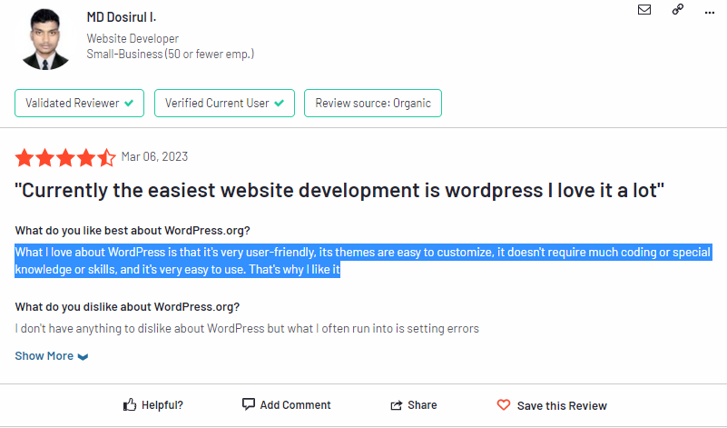 WordPress easy to use positive customer review G2