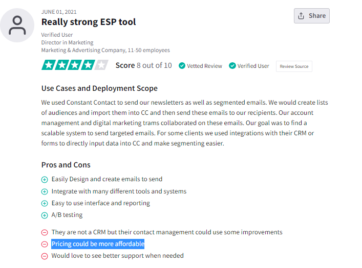 Constant Contact limited pricing disadvantage TrustRadius review