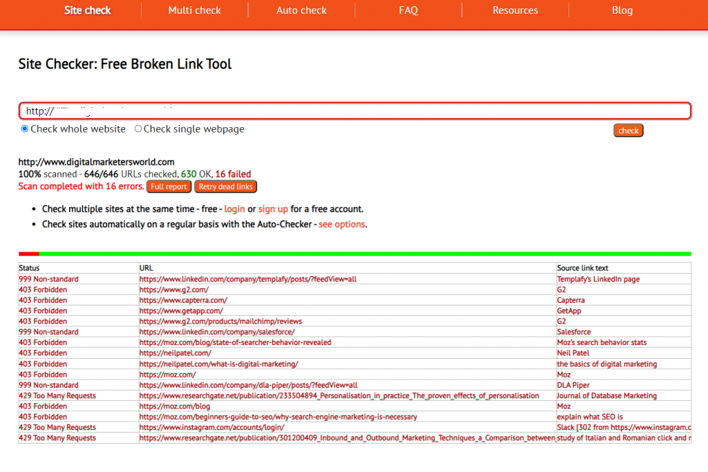 Dead Link Checker dashboarda