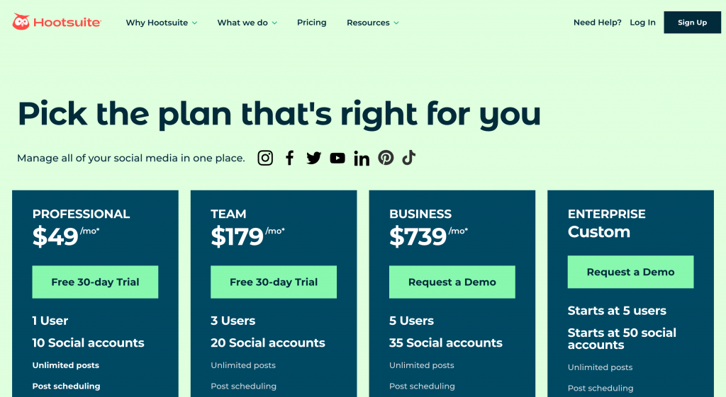 Hootsuite pricing screenshot