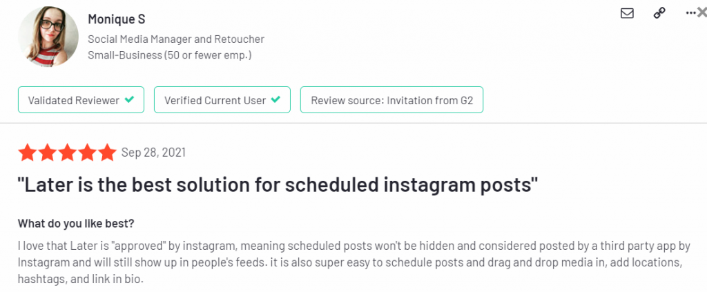 Later G2 positive Instagram usability review