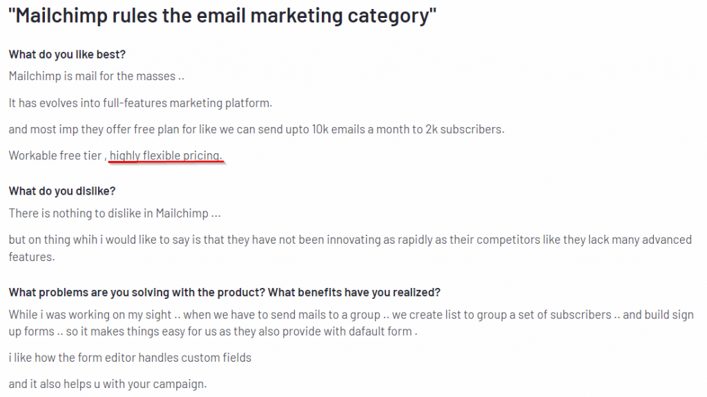Mailchimp flexible pricing advantage G2 review