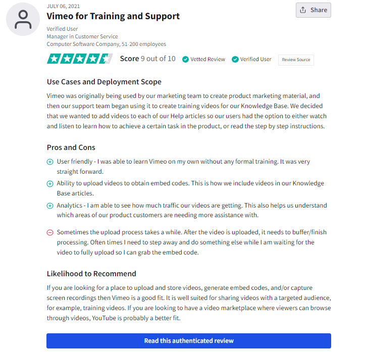 Vimeo in-depth analytics advantage positive review on TrustRadius