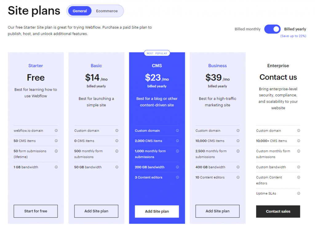 Webflow updated pricing screenshot