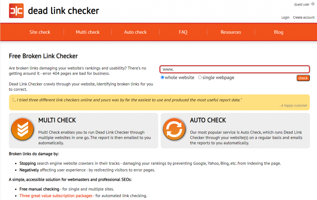 Dead Link Checker homepage screenshot